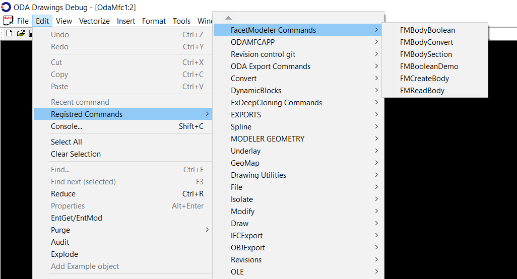 OdaMfcApp ODA Facet Modeler example commands